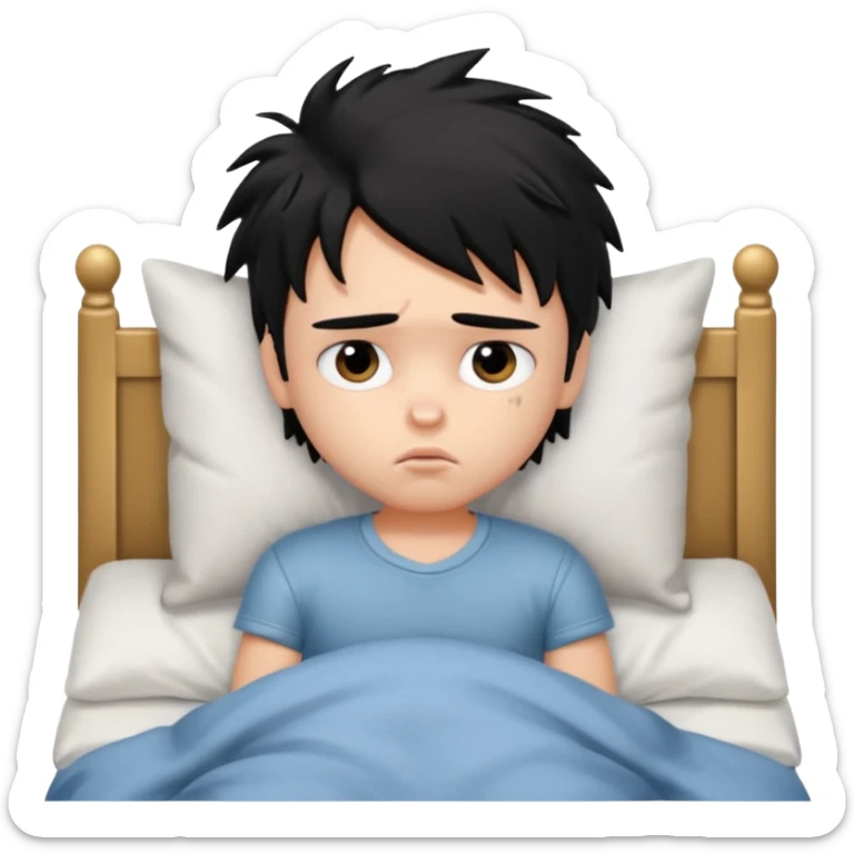 a PRETTY BRATZ boy with black messy hair, in bed, looking sad sticker