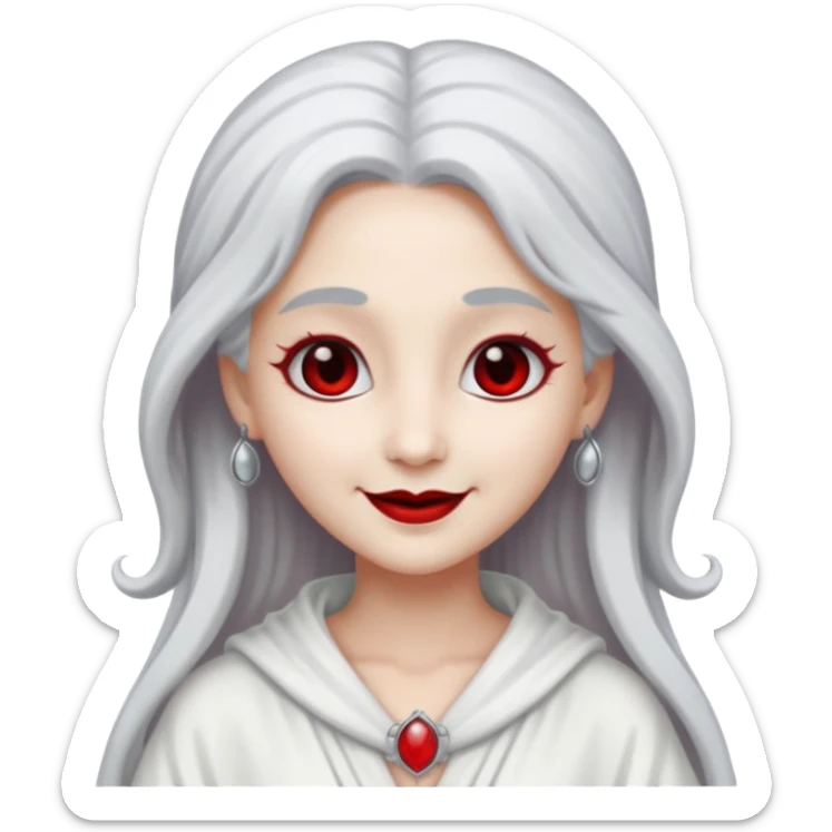vull un perosnatge estil bimoji que sigui com una nimfa bella i fantasmal amb túniques blanques. Té la pell literalments blanca com el guix, cabell platejat, un nas llarg, ulls negres grans i llavis carmesí. que estigui somrient sense arrecades  sticker