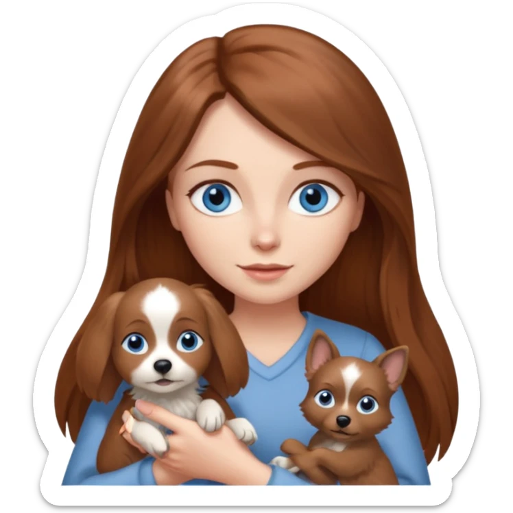 long hair chestnut color blue eyes woman holding small grey dog sticker