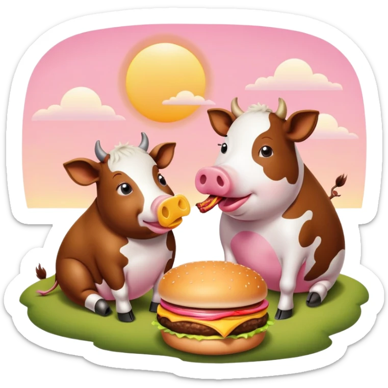 Cow eating a cheese burger sitting next to a pig eating a piece of bacon while watching the sunset sticker