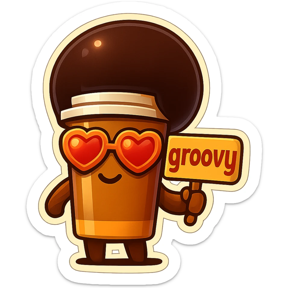 Tall coffee cup, no mouth, afro, heart glasses, holding sign "groovy" sticker