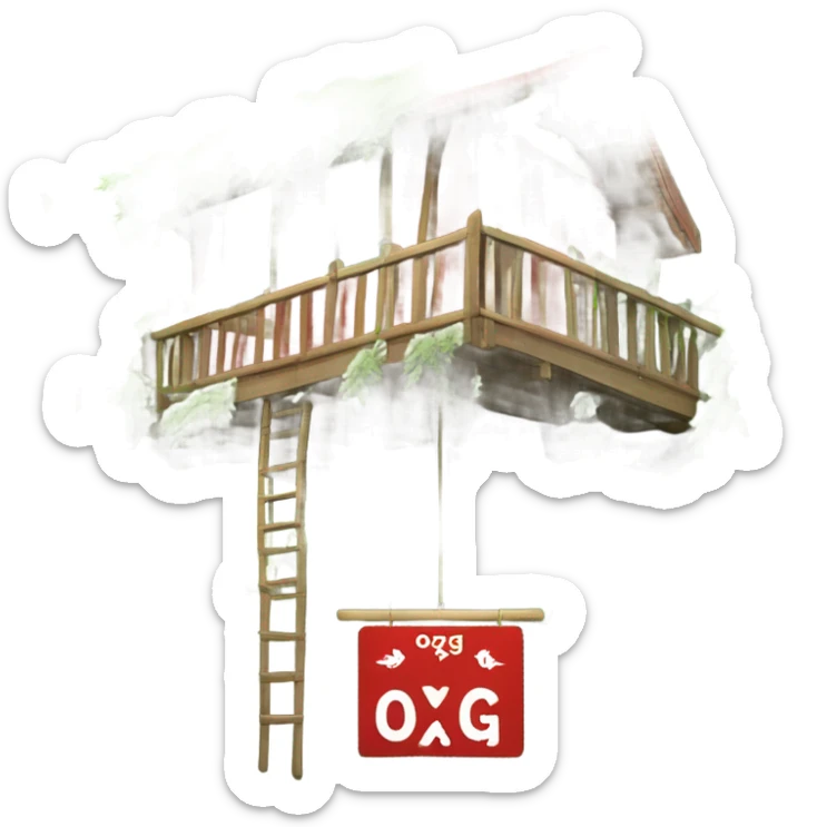 Treehouse with weed leaves with hanging red sign that’s reads OXG in white letters sticker