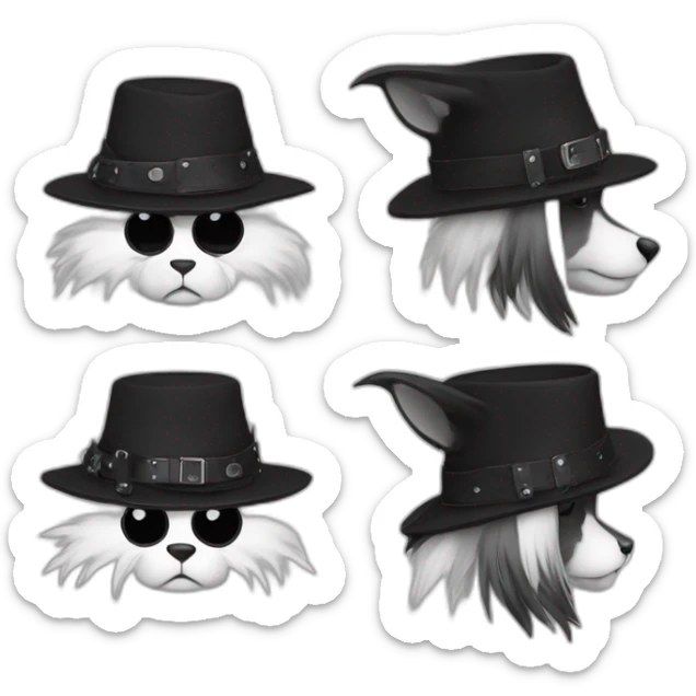 Hyène anthro contente avec un chapeau noir avec un smiley triste blanc et un casque punk noir avec des pointes sur le côté  sticker