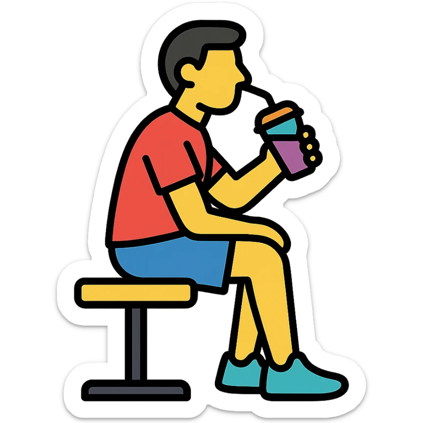 one man sitting on a gym bench sipping a smoothie, icon style, minimal and recognizable sticker