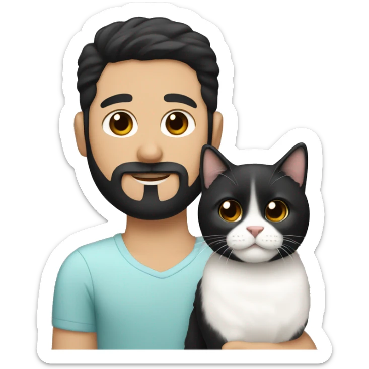 a spanish guy with a black earing and black short hair and black beard and holding a white Siberian cat sticker