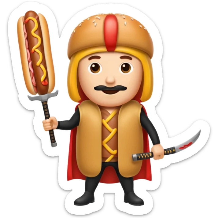 Middle aged attractive man wearing a hot dog costume wielding a katana sticker