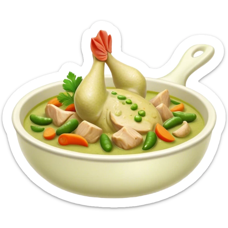 Cinematic Realistic Green Chicken Curry Dish Emoji, depicted with tender chicken simmered in a fragrant green curry sauce with vegetables rendered with rich textures and dynamic, vibrant lighting. sticker