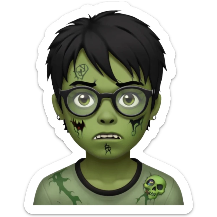Boy, zombie, black hair, medium long, emo, shaggy, dark, spooky, creepy expression emoji, add dolce gabanna glasses, a risk on the eyebrow, some tattos  sticker