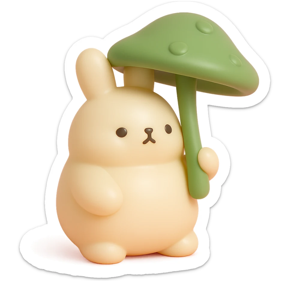 chubby bunny holding a mushroom umbrella, pastel beige and moss green, vinyl figure style sticker