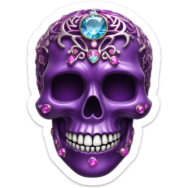 Realistic isolated metallic ornate dark purple,magenta,light blue,and hot pink filigree skull decorated with shiny diamonds and rhinestones.  sticker