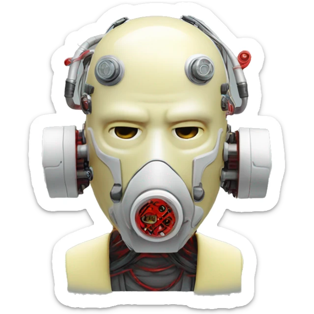 Pastel light yellow round male cyborg head with red respirator mask and circuits sticker