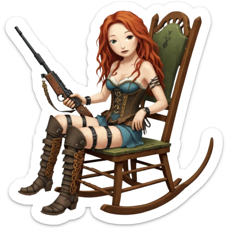 solarpunk ultra HD very old and tired Tori Amos casually crouches on a rocking chair in a torn corset, holding a lintlock double-barreled rifle and with muddy feet. a bronze snake wrapped itself around the chair sticker