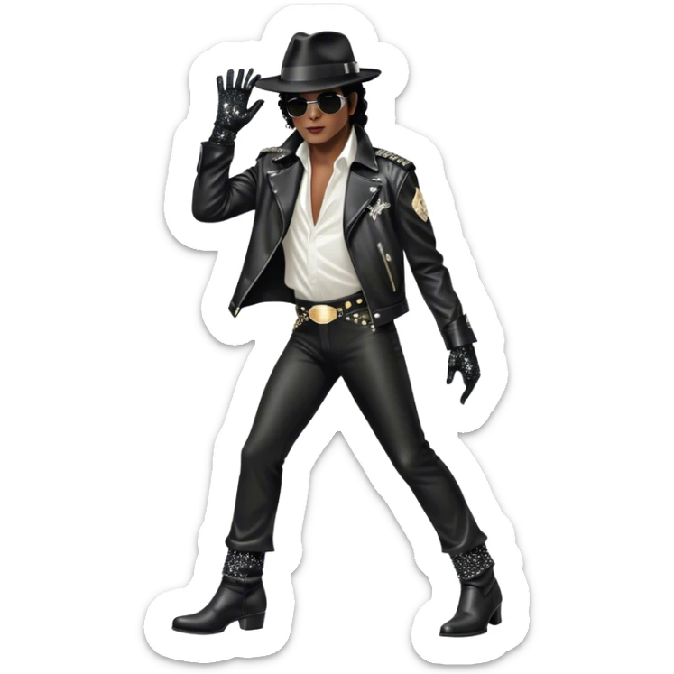 Icon for R&B Music: Michael Jackson on stage in full body, wearing his iconic concert costume—black leather jacket, sequined glove, fedora, and boots. He strikes a powerful pose, embodying the energy of R&B music. Transparent background. sticker
