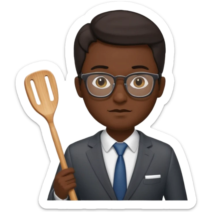 man with glasses dark hair wearing a suit and holding a spatula sticker
