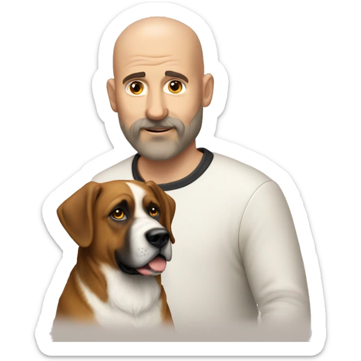 A 50 year old bald man with a short beard and his Saint Bernard dog sticker