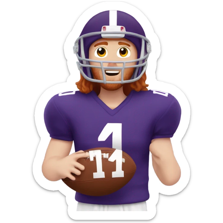 Redhead jesus playing American football wearing purple number 14 sticker