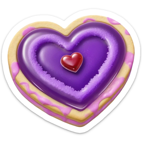 Realistic shortbread cookie in the shape of a heart with purple pastel jelly middle filling and sprinkled powder sugar on top. sticker