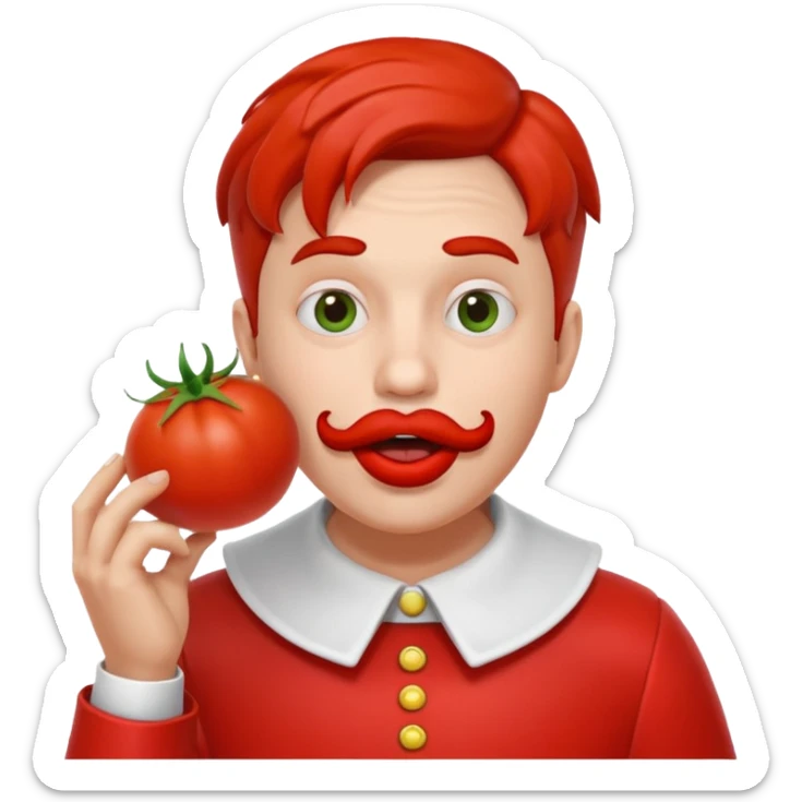funny theater actor character who ate tomatoes, tomato sauce around mouth, dramatic expression, stage costume collar, 3D cartoon, mobile game icon style, clean background, no text, no watermark
 sticker