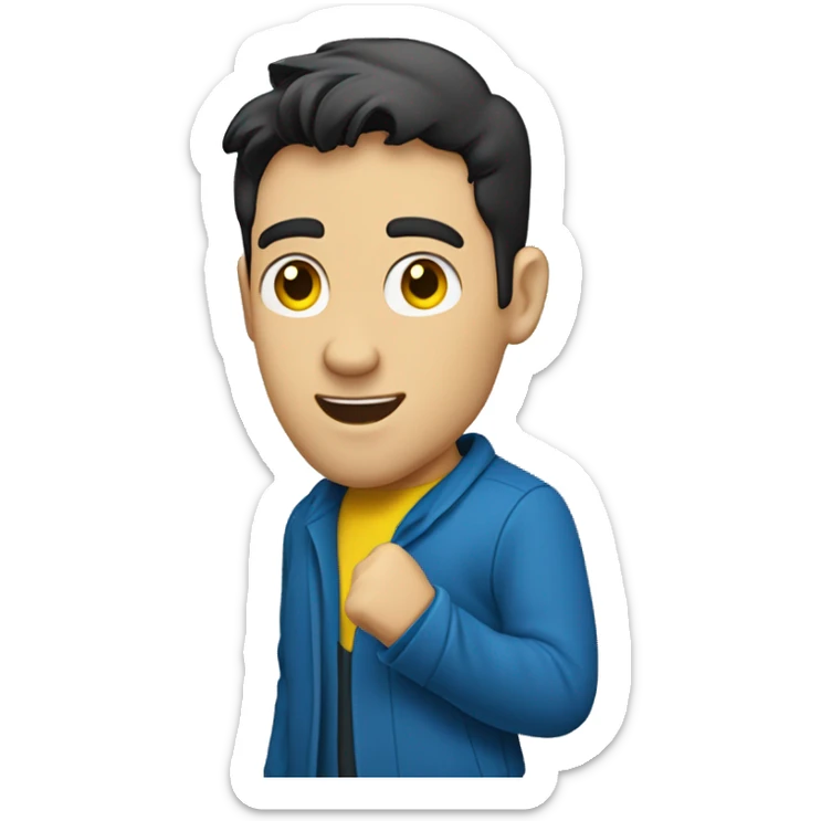 HALF BODY CAUCASIAN GUY WITH SOFT BLACK SHORT HAIR WITH BLUE COAT AND YELLOW INNER SHIRT SHOWING HIS DANCE MOVES sticker