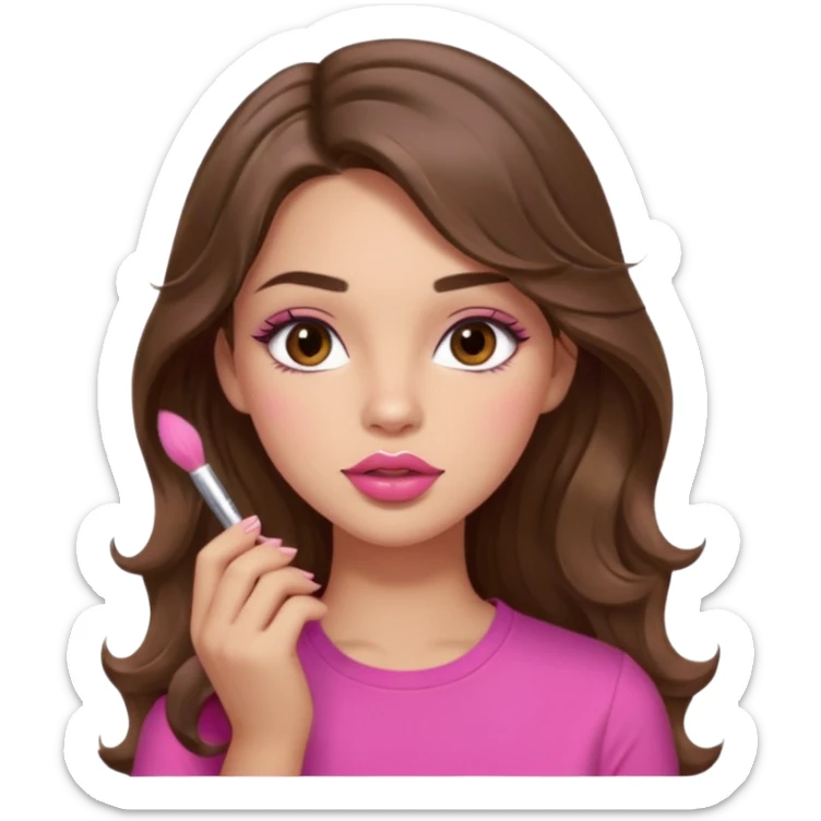 girl with long wavy brown hair, brown eyes, light to medium complexion, in a pink shirt, pink lips, long lashes, puckered lips, putting on blush sticker