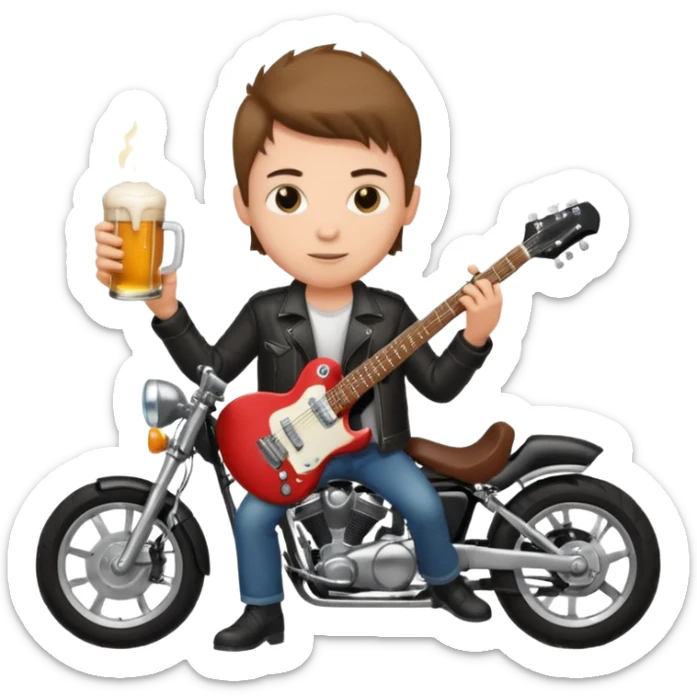 We're creating a quiz for a New Year's Eve team. The idea is that people have to guess which emoji belongs to which person from three emojis. Now it's up to you to make one whole emoji from the following  emojis.  🏍🎸🍻👦 sticker