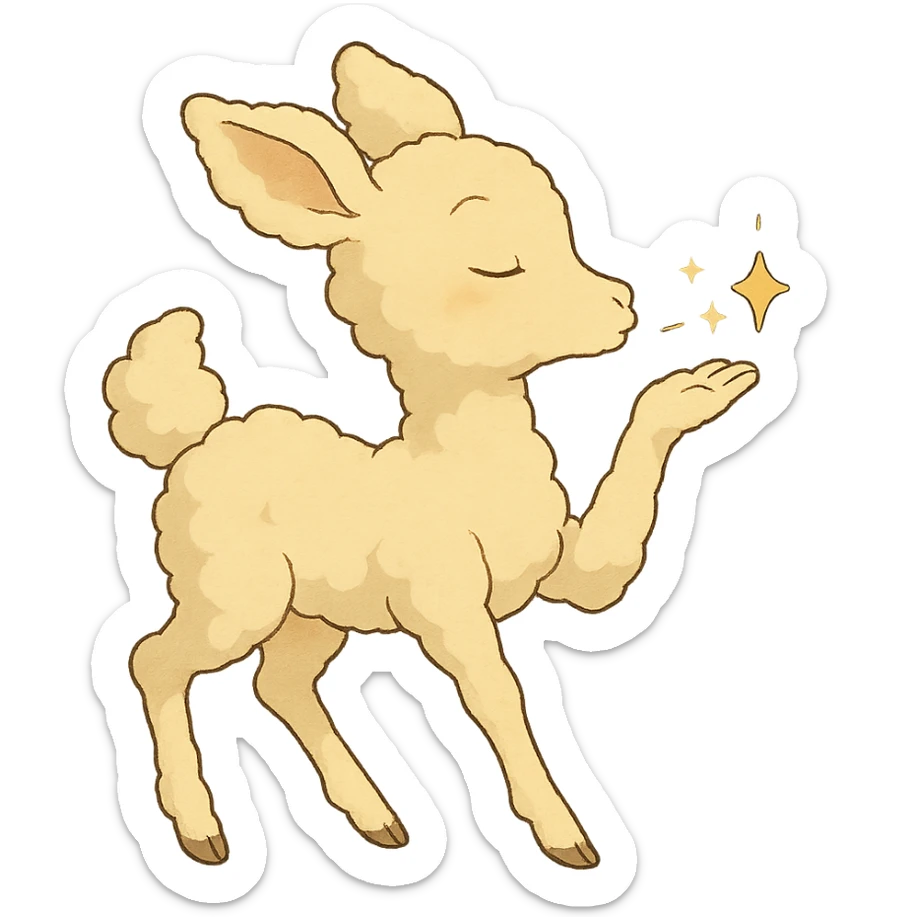 gentle cream yellow cloud doe in Ghibli style, sending a sparkling kiss sticker