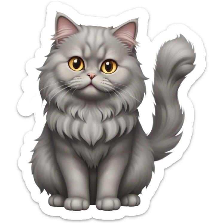 cinematic-[grey persian cat]-realistic-full-body-sitting-emoji,-tail-curled-playfully-around-its-paws,-head-tilted-dramatically,-fluffy-[grey cat]-fur,-simplified-yet-realistic-focused-features,-highly-detailed,-glowing-with-an-almost-sarcastic-glow sticker