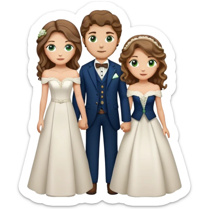 A bride and groom. Bride has brown hair with soft curls, has green eyes, wears an off shoulder dress. Groom, dark blue eyes, hair is blond, wears a western suit with a brown vest and a bolo tie. sticker