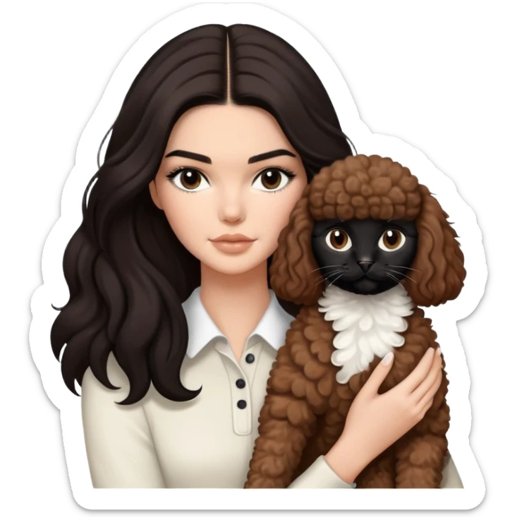 Kendall Jenner with long dark hair, holding a brown poodle and a black and white cat sticker