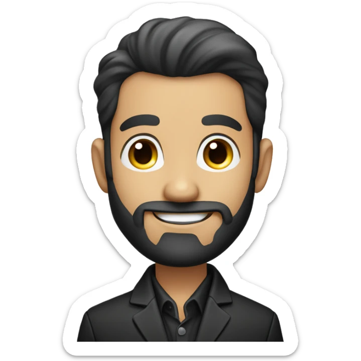 Smiling businessman with a neatly trimmed beard, wearing a black jacket, hand resting on his chin, with a confident and approachable expression. sticker