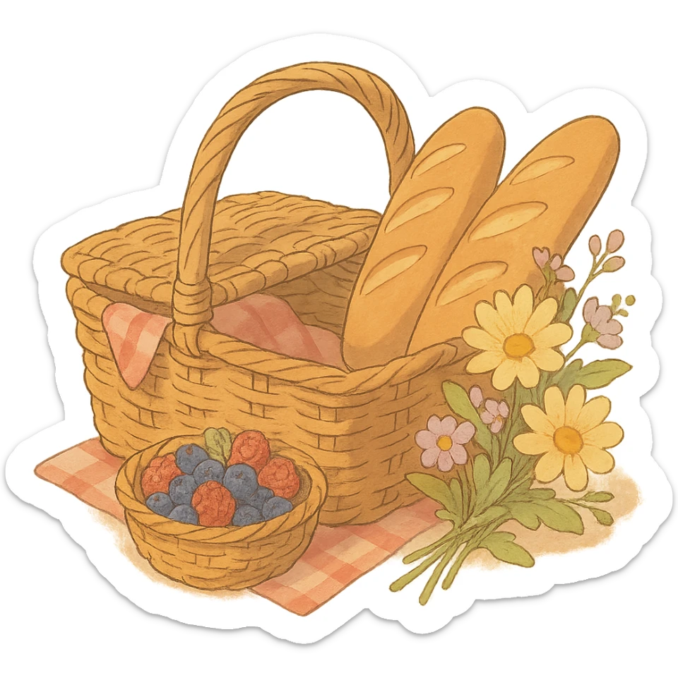 picnic basket with berries, bread, and flowers in warm pastel shades, soft Ghibli style sticker