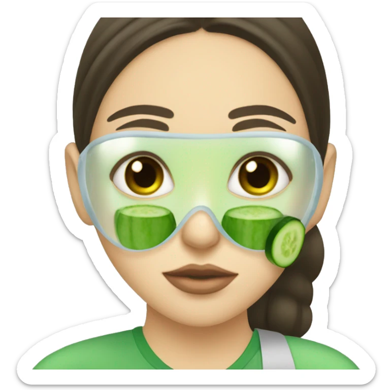 A brunette girl with a green face mask on with cucumber on eyes drinking boba sticker