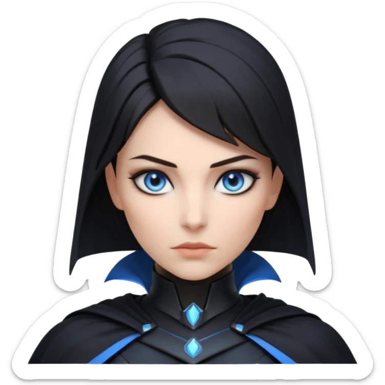 dark sci-fi villain female portrait, head and shoulders only, black armor, cape collar, intense eyes, sharp confident expression, subtle futuristic makeup, dramatic lighting, 3D cartoon, mobile game icon style, clean background, no text, no watermark
 sticker