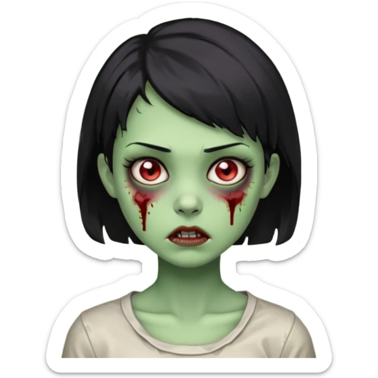 Emoji zombie girl verde com cabelo preto curto com uma expressão impassivel sticker