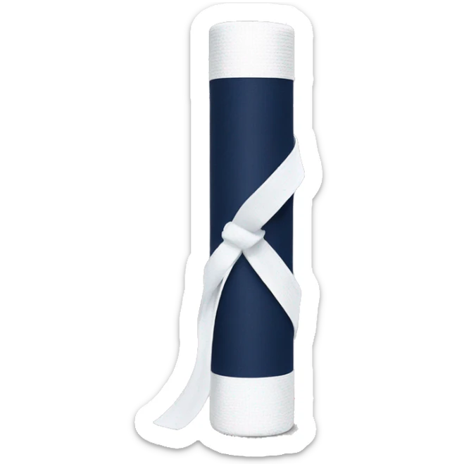 Rolled Navy blue yoga mat with a white ribbon tied around it sticker