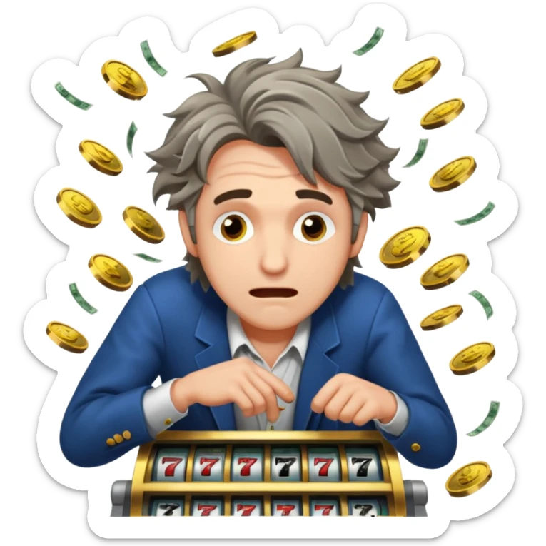 disheveled man losing money at a slot machine, panicked face, coins flying sticker