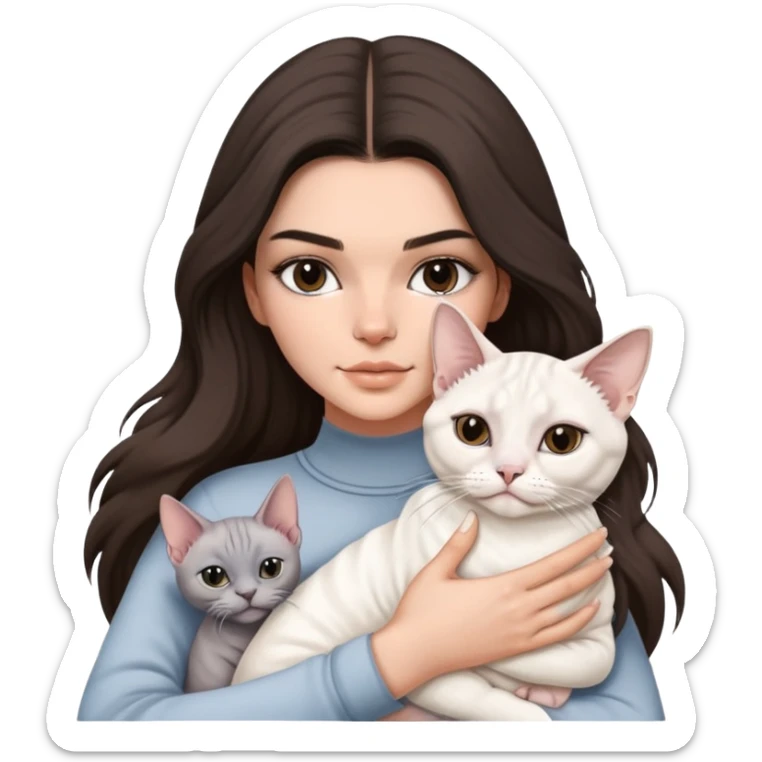 brunette Kendall Jenner with long hair holding on the hands a british white cat and a grey Sphynx sticker