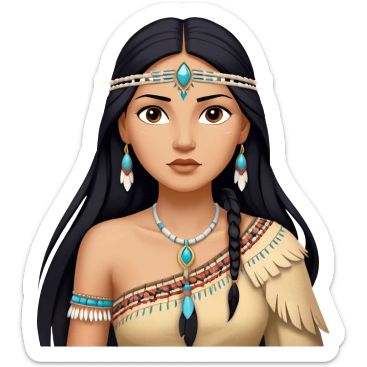 Cinematic Realistic Pocahontas Portrait, depicted with lifelike skin texture, soft natural lighting, and intricately detailed long, flowing raven-black hair that moves gracefully in the wind. Her deep, soulful dark brown eyes exude wisdom and strength, complemented by a serene yet powerful expression. She is dressed in her classic one-shoulder native american dress, with rich fabric textures and delicate beaded details that catch the light beautifully. The portrait features a soft, sun-kissed glow with a natural, radiant finish, capturing the essence of untamed beauty and deep connection to nature in a realistic and painterly style, evoking a sense of depth and authenticity. sticker