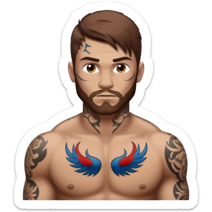 tattoo man, fair white skintone,brown hair, tattoos on face, more visible, bulky man with tattos on his chest, heavy tattooos. sticker