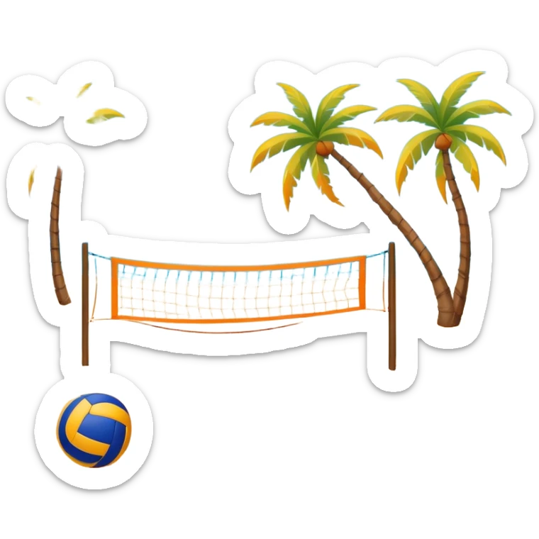 The scene captures a sunny sea beach atmosphere with clear blue sea and sky, palm trees swaying, and people in swimsuits enjoying the vibrant surroundings. A volleyball resting on the orange sand ground of a beach, with a volleyball net in the background.  sticker