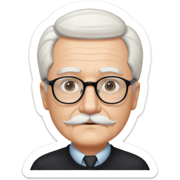 An elderly man with neatly combed white hair swept back, giving a tidy and classic look, and wears black rectangular glasses. His face is oval-shaped with  a small white mustache above his lips.d. sticker