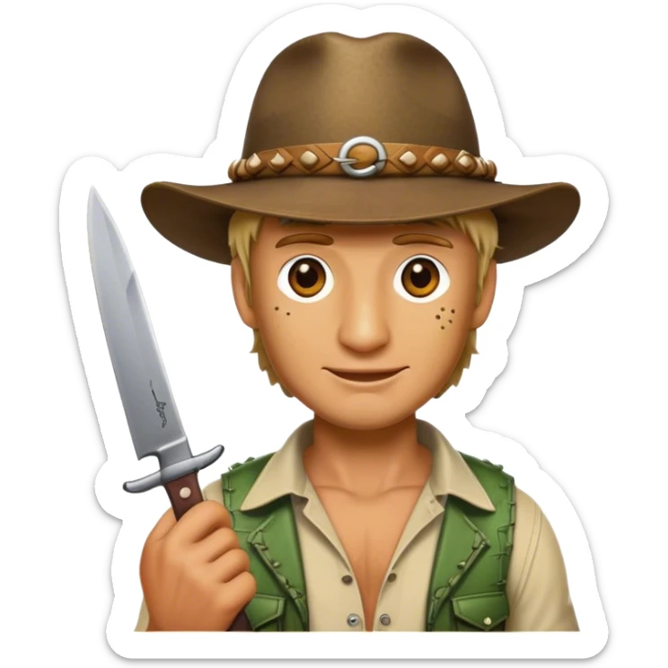 Cinematic Realistic Crocodile Dundee Pop Culture Emoji, depicted with rugged charm and adventurous spirit rendered with lifelike detail and cinematic lighting. sticker