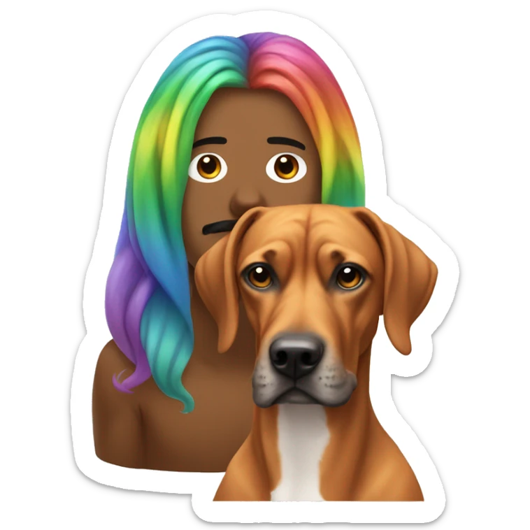 white man with long rainbow colored hair and twisted mustache next to a brown rhodesian ridgeback sticker