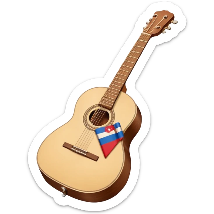 “Flat vector icon of a Cuban tres guitar in three-quarter view, warm brown wood with 3 string courses, thick outline, centered on a warm cream or beige rounded-square (or circle); add a small simplified Cuban flag (blue, red, white) on the soundboard like a sticker.  sticker