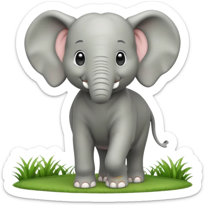 A large 3D cartoon elephant standing on green grass, smooth gray skin, big ears, curved trunk raised slightly, gentle smile, bright natural sunlight, Memoji-style. sticker