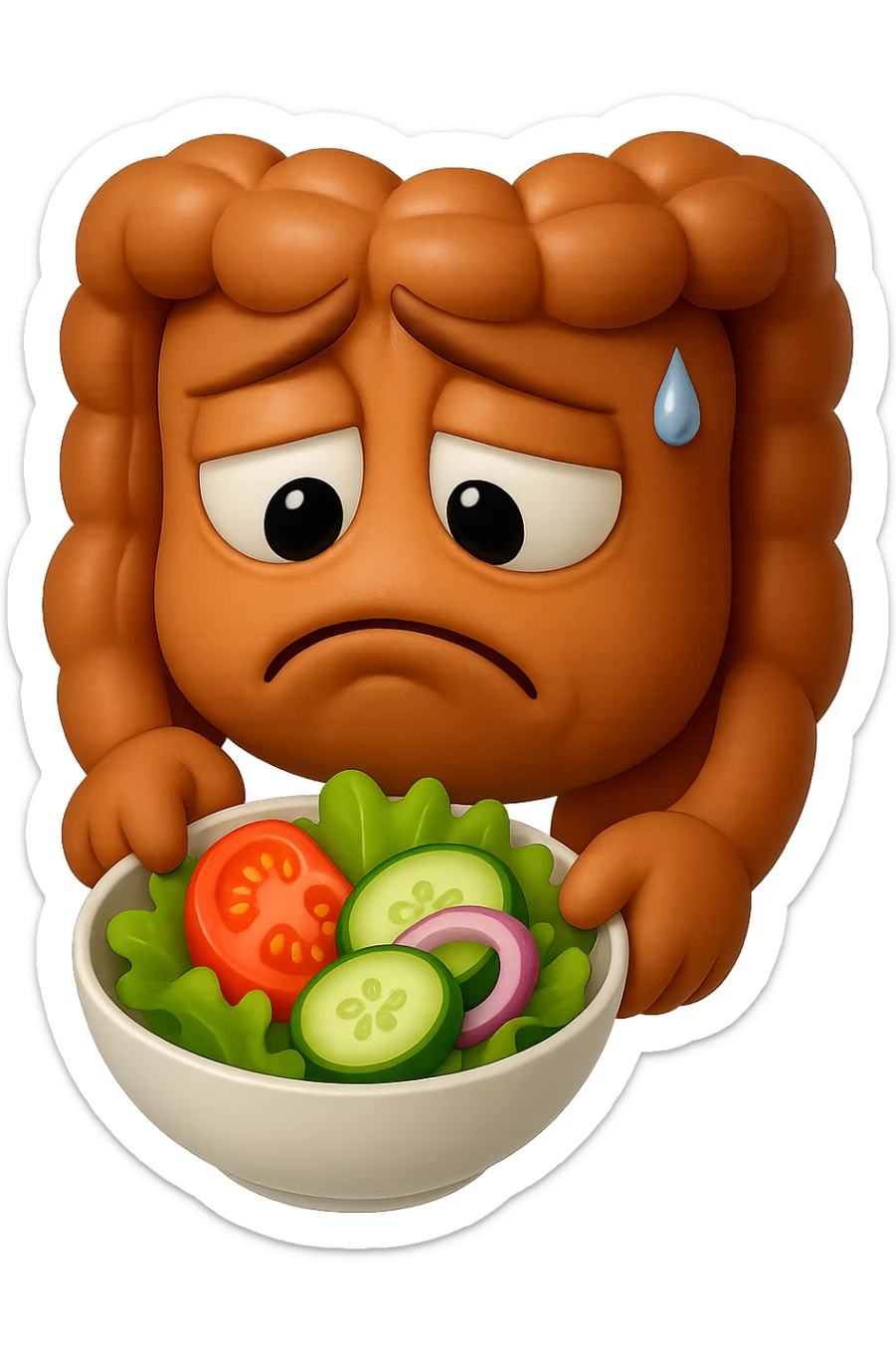 EMOJI STILE IPHONE DI UN INTESTINO UMANO ANATOMICO CHE GUARDA UN INSALATA CON ESPRESSIONE TRISTE E RASSEGNATA IN VOLTO: SOFFRE LA FAME PERCHé è A DIETA, FAGLI ANCHE LA PARTE BIANCA DEGLI OCCHI, NON SOLO LE PUPILLE, IPERREALISTICO 4K sticker