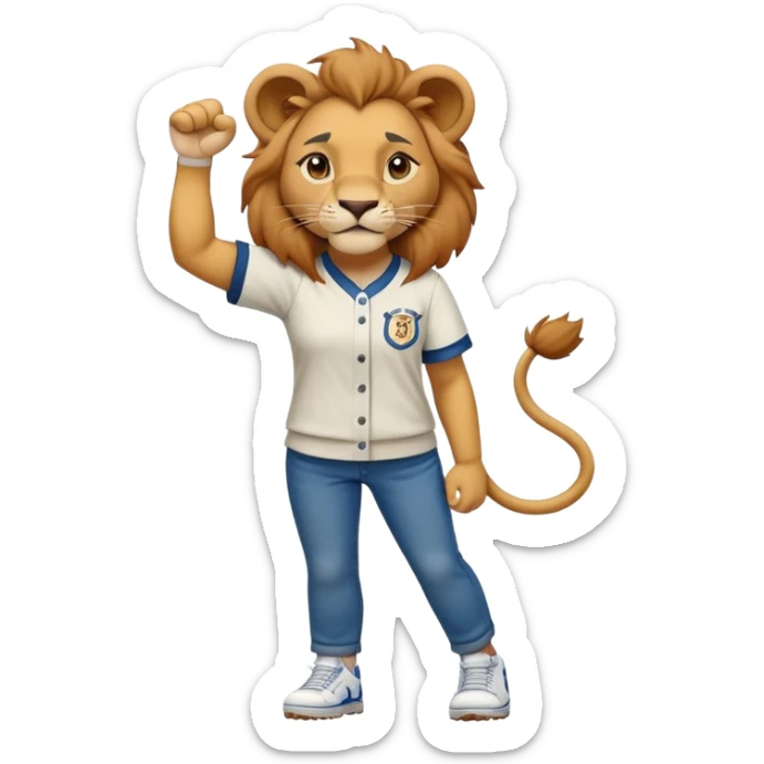 friendly anthropomorphised female lion wearing a baseball shirt, jeans, trainers, standing upright with one fist raised, looking determined and confident sticker