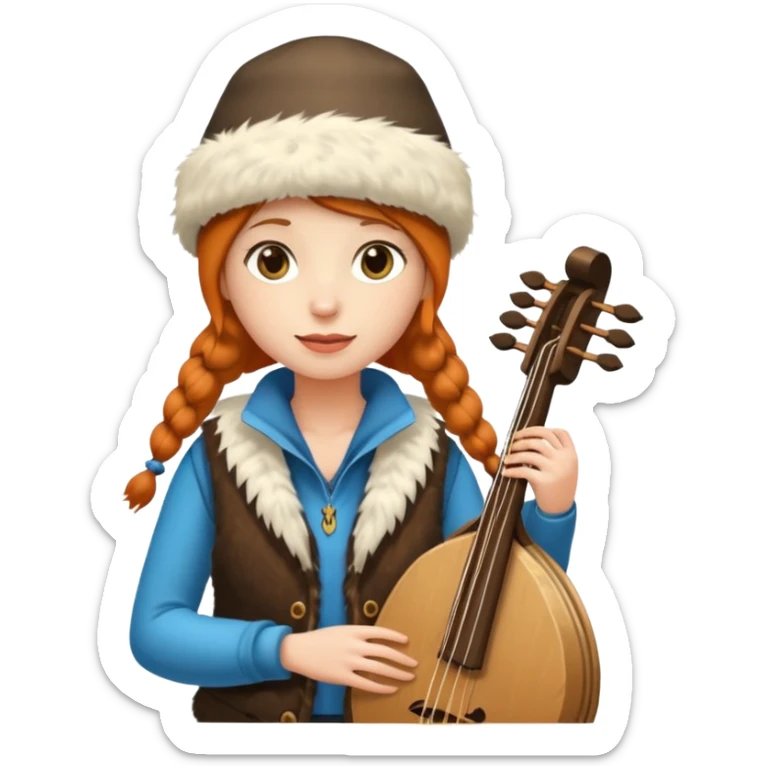 "Girl 👩🏻‍🦱 in fur hat 👒🦊 and vest 🧥, standing in snow ❄️🌲, holding a Bashkir dombyra 🎶 (long-necked two-string folk instrument). Emoji style." sticker