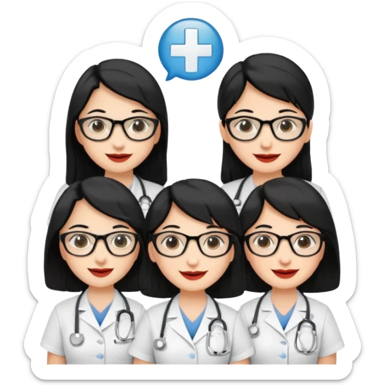Genera emogis de 4 cuatro enfermeras de cabello negro largo, entre ellas que una tenga lentes y otra un lunar encima de los labios sticker