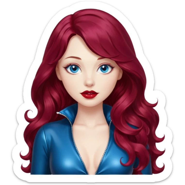 Imagine a beautiful burgundy long wavy hair, pale skin, dreamy, seductive blue eyes, plump vivid red lips,female as an action figurine. Wearing one piece black patent leather outfit sticker